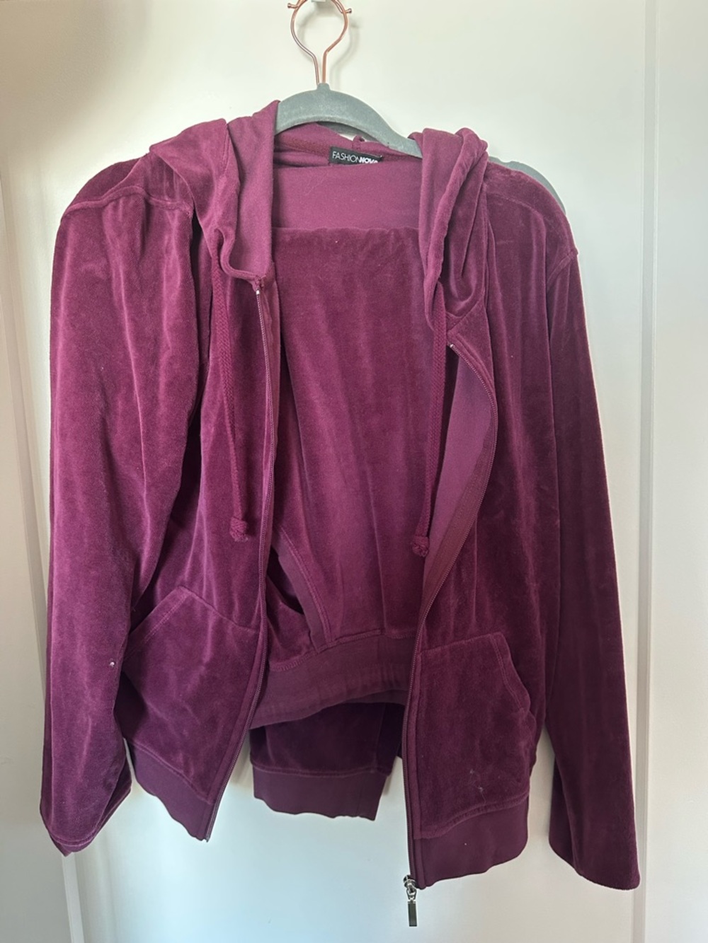 Fashion Nova set Velour Zip Hoodie in Deep Berry EUC TOP XL BOTTOM L